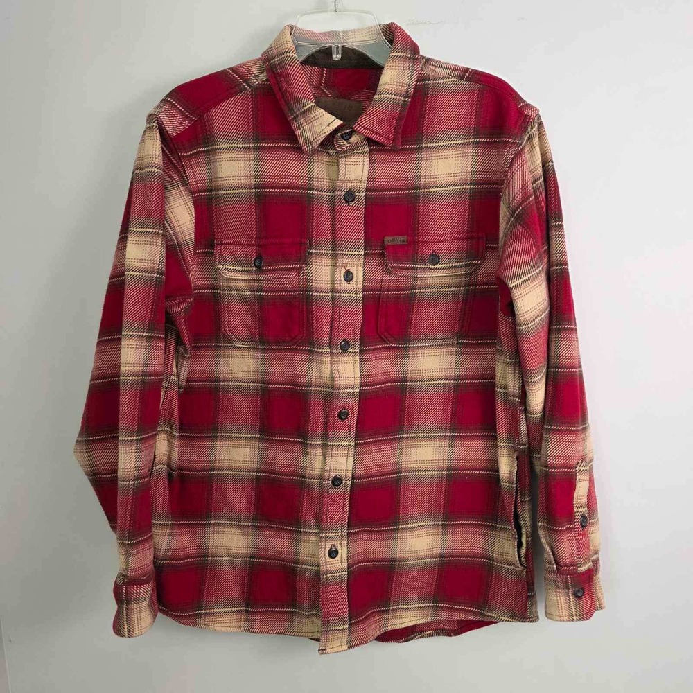 Orvis Flannel Shirt Mens Size L Large Red Plaid Fleece Lined Collar Heavy Cotton
